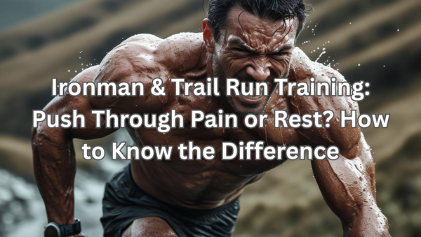 Determined male endurance athlete running up a rugged mountain trail at dusk, with sweat glistening on his muscular arms under dramatic, cloudy skies.