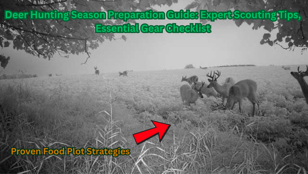Group of whitetail deer, including several trophy bucks with large antlers, feeding in a lush green food plot during late summer, prime preparation for deer hunting season.